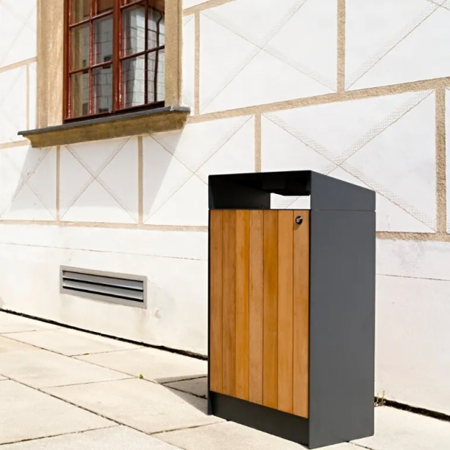 Steel-Wood Outdoor Trash Can - 3-Classification Park Bin - Arlau
