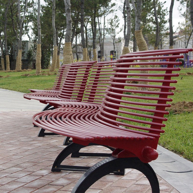 Red Curved Metal Park Bench Cast Iron Legs Arlau