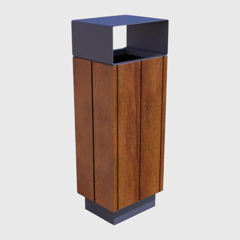 Commercial Park Trash Can with Lid-Plastic Wood Slat Outdoor Waste Bin