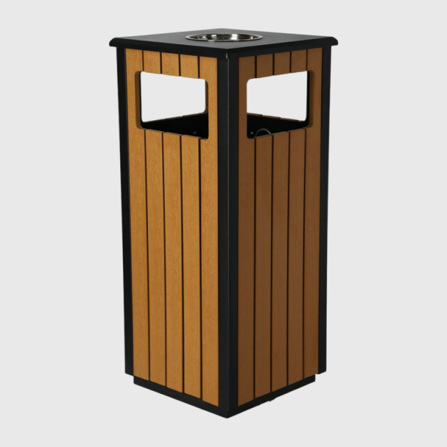 Square Outdoor Trash Cans- Steel and Wood Grain Trash Can Manufacturer