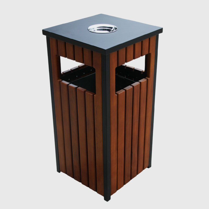 Square Outdoor Trash Cans- Steel and Wood Grain Trash Can Manufacturer