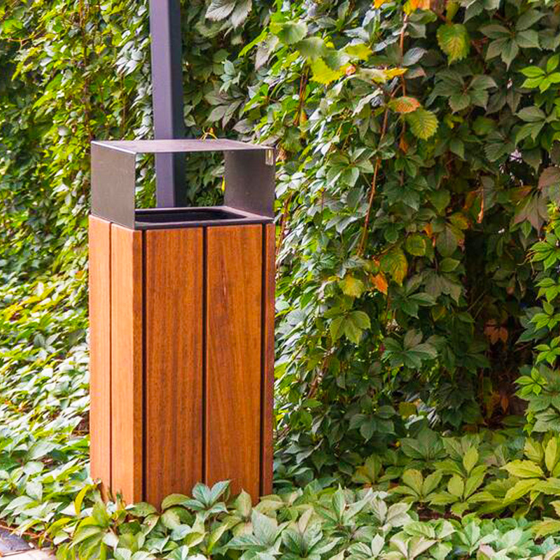 Commercial Park Trash Can with Lid-Plastic Wood Slat Outdoor Waste Bin
