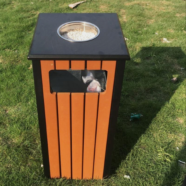 Square Outdoor Trash Cans- Steel and Wood Grain Trash Can Manufacturer