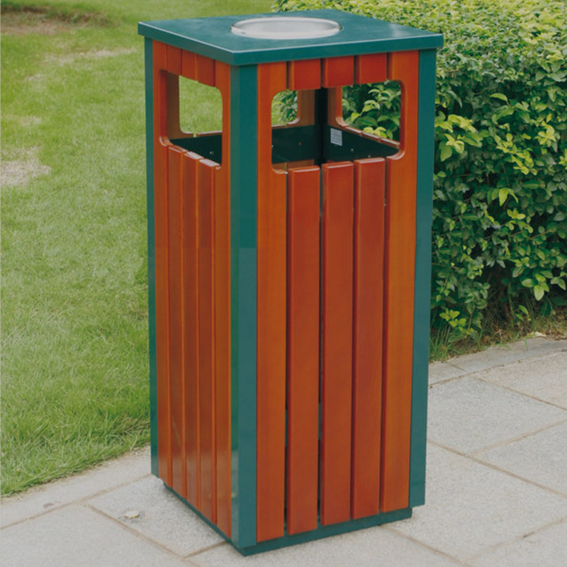 Square Outdoor Trash Cans- Steel and Wood Grain Trash Can Manufacturer