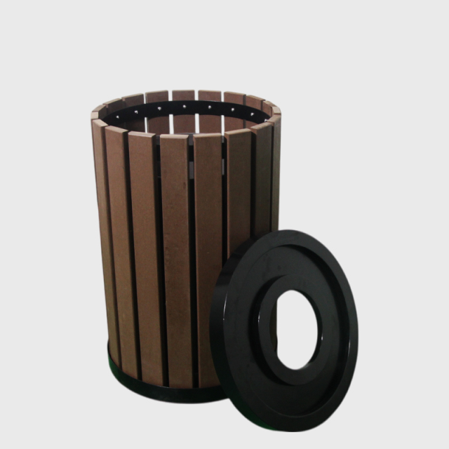 Round Commercial Trash Can with Plastic Wood Slats