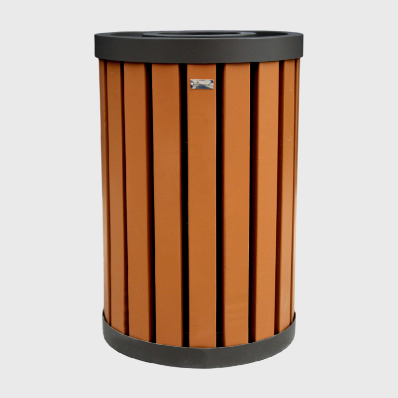 Round Commercial Trash Can with Plastic Wood Slats