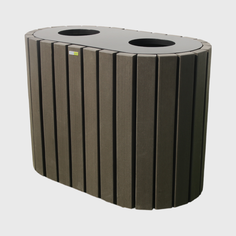Round Outdoor Trash Can - Dual Sorting Steel-Wood Recycling Bin