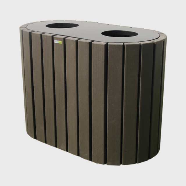 Round Outdoor Trash Can - Dual Sorting Steel-Wood Recycling Bin