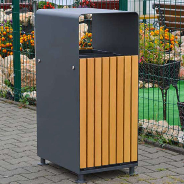 Park Trash Bin - 72L Galvanized Steel and Hardwood Lid