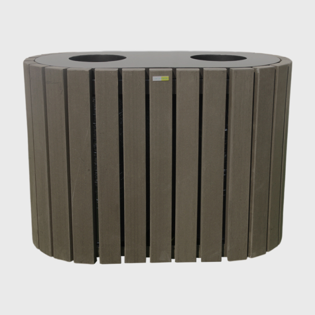 Round Outdoor Trash Can - Dual Sorting Steel-Wood Recycling Bin