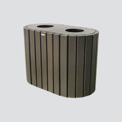 Round Outdoor Trash Can - Dual Sorting Steel-Wood Recycling Bin