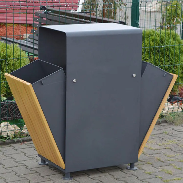 Park Trash Bin - 72L Galvanized Steel and Hardwood Lid
