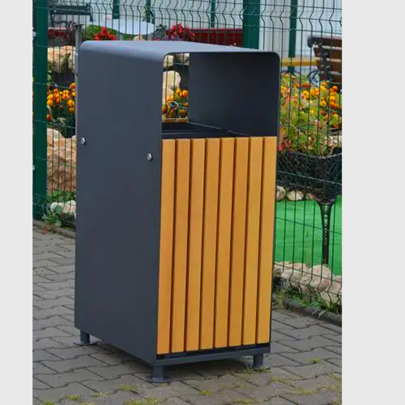 Park Trash Bin - 72L Galvanized Steel and Hardwood Lid