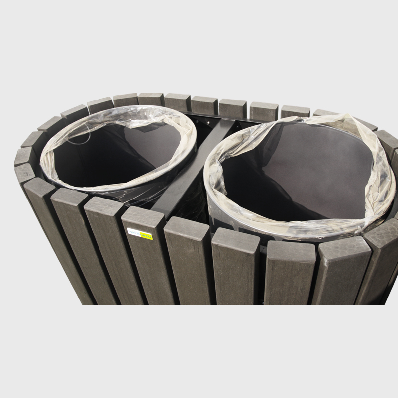 Round Outdoor Trash Can - Dual Sorting Steel-Wood Recycling Bin