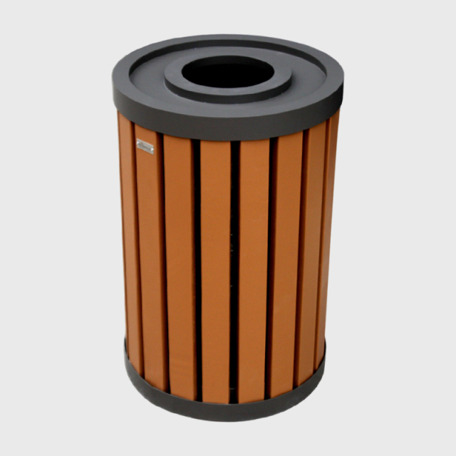 Round Commercial Trash Can with Plastic Wood Slats