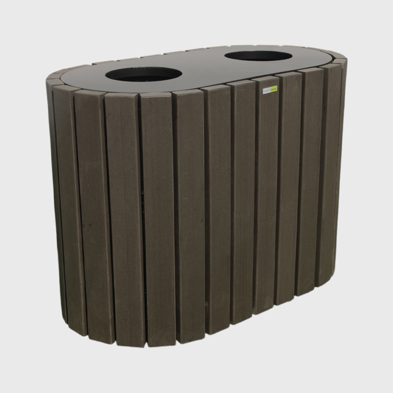 Round Outdoor Trash Can - Dual Sorting Steel-Wood Recycling Bin