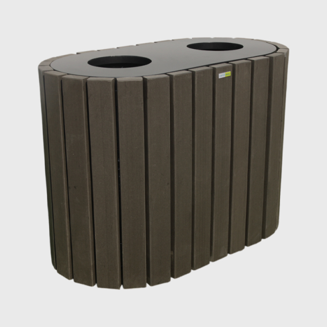 Round Outdoor Trash Can - Dual Sorting Steel-Wood Recycling Bin