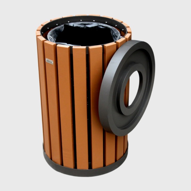 Round Commercial Trash Can with Plastic Wood Slats