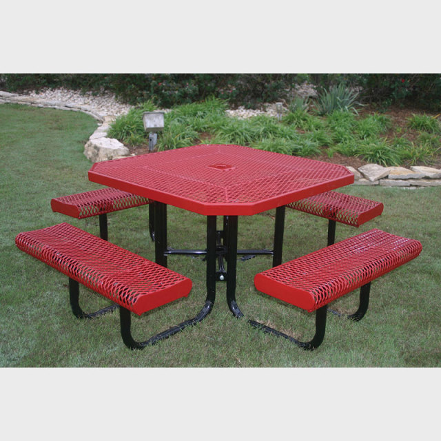 Red Octagonal Metal Mesh Picnic Table Thermoplastic Outdoor Seating