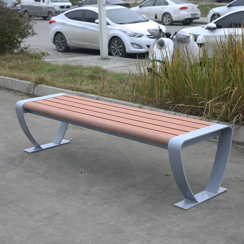 Backless Park Bench Steel Frame Plastic Wood Seat Durable