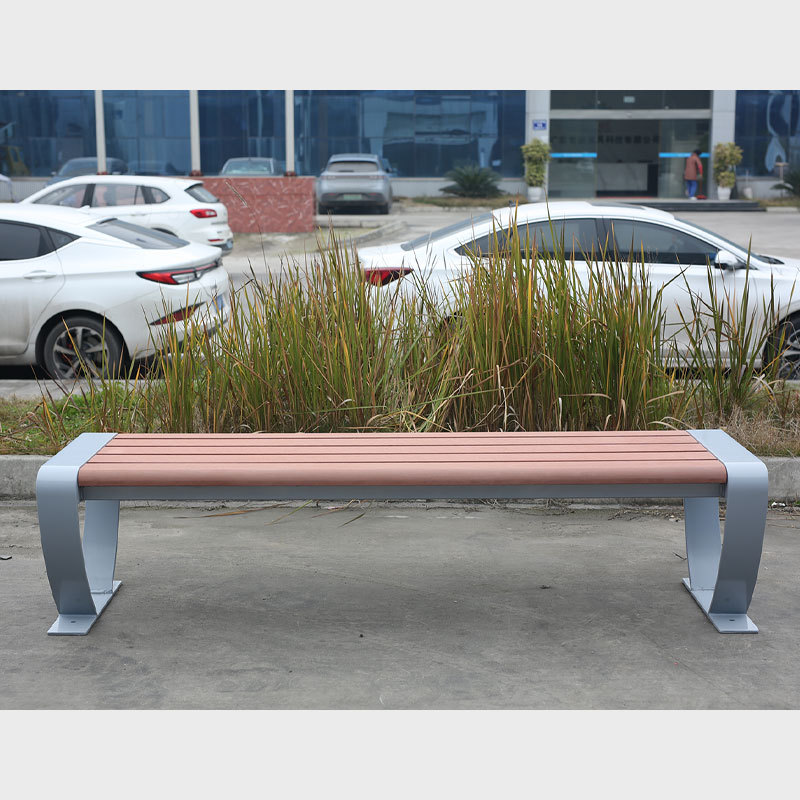 Backless Park Bench Steel Frame Plastic Wood Seat Durable