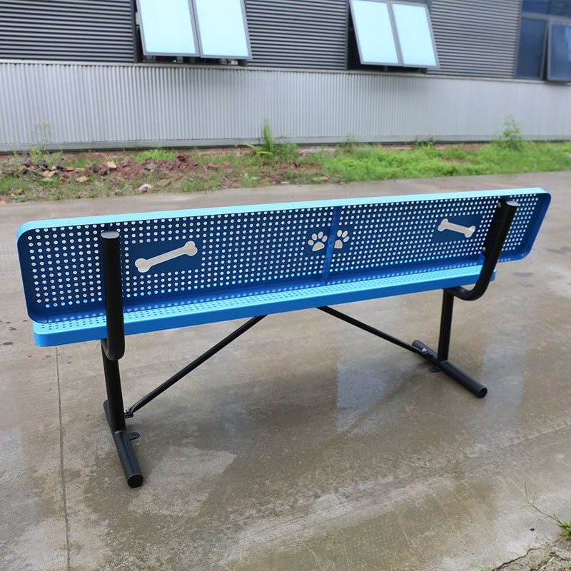 6ft Dog Park Bench - Blue Perforated Steel with Paw Print Design
