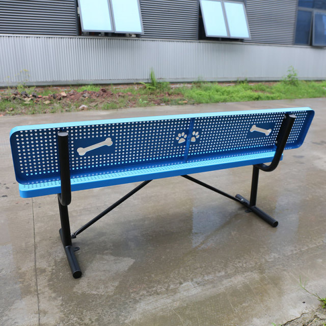 6ft Dog Park Bench - Blue Perforated Steel with Paw Print Design