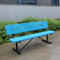 6ft Dog Park Bench - Blue Perforated Steel with Paw Print Design
