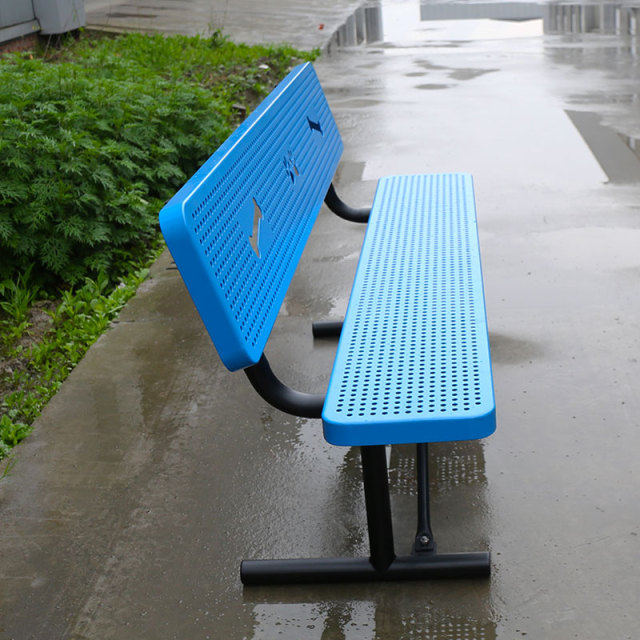 6ft Dog Park Bench - Blue Perforated Steel with Paw Print Design