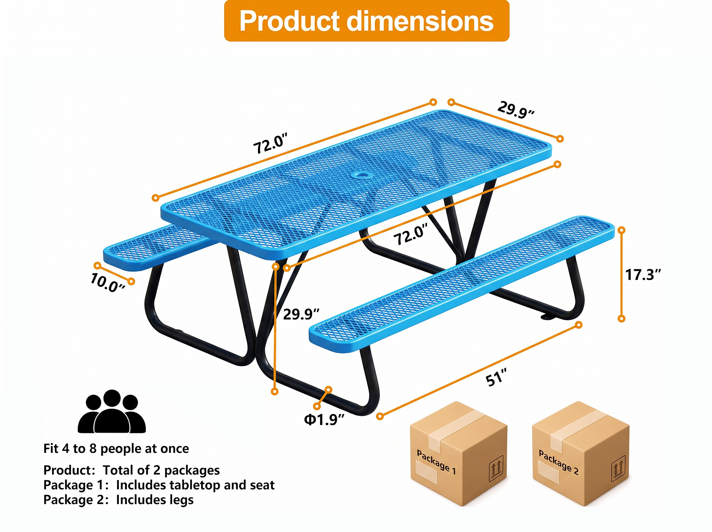 Rectangular Expanded Metal Picnic Table with Attached Benches