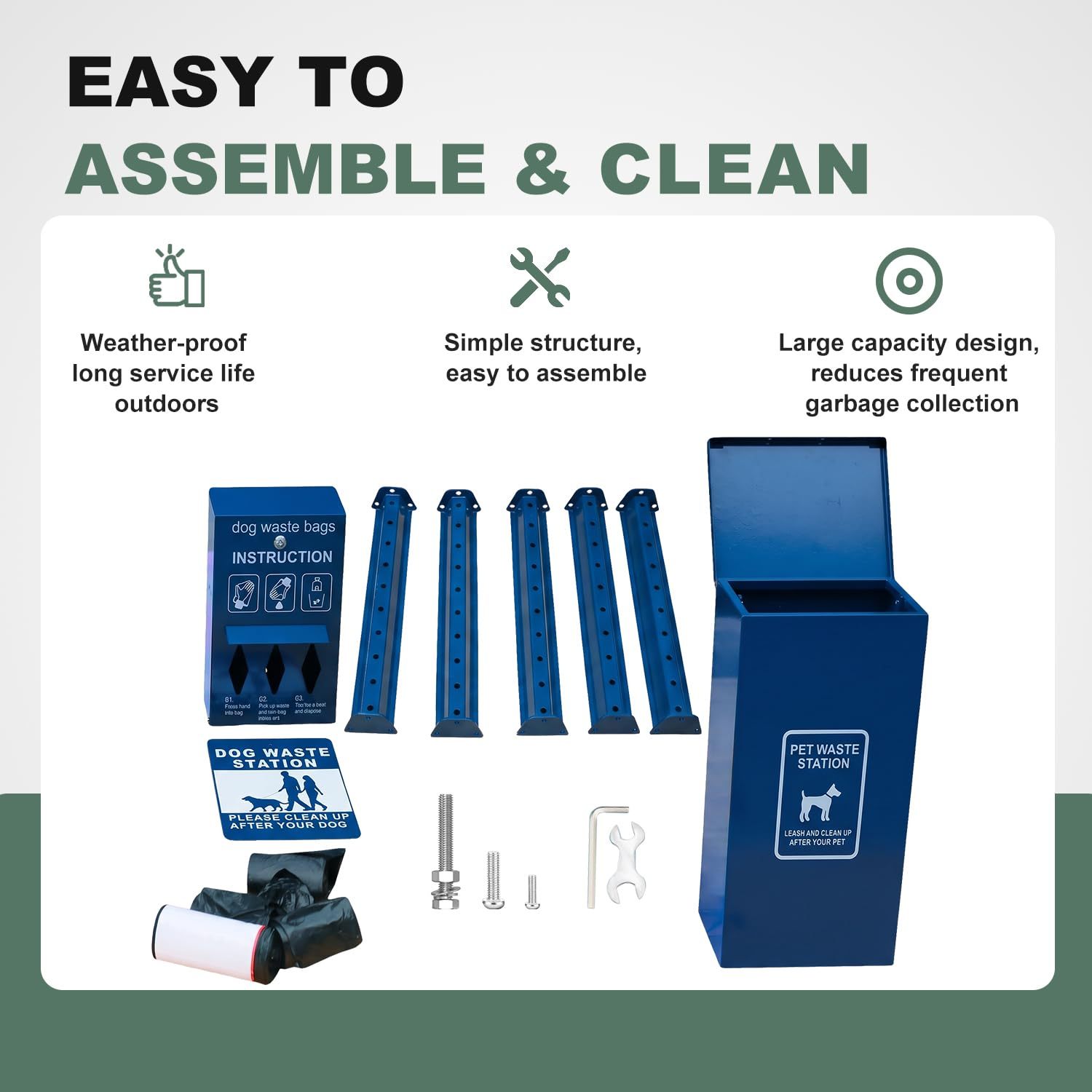 Dog Waste Station with Bag Dispenser and 11-Gallon Aluminum Bin