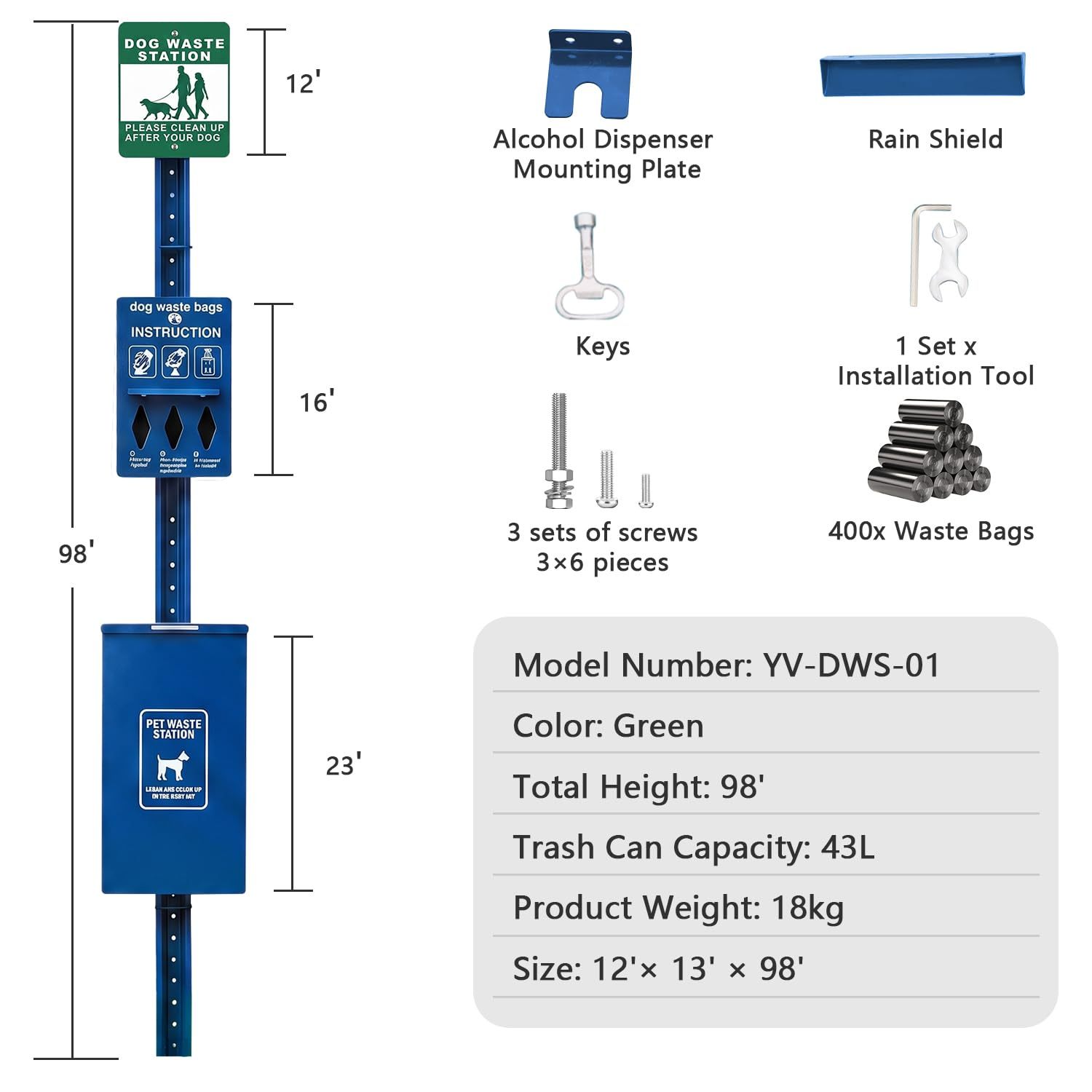 Dog Waste Station with Bag Dispenser and 11-Gallon Aluminum Bin