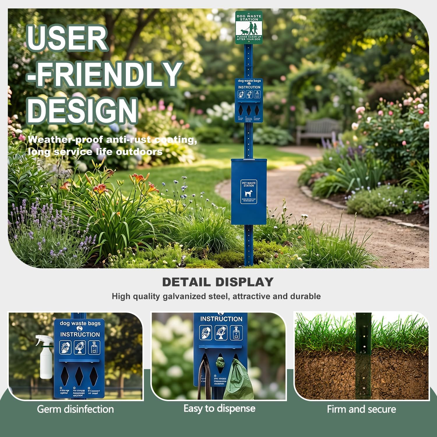 Dog Waste Station with Bag Dispenser and 11-Gallon Aluminum Bin