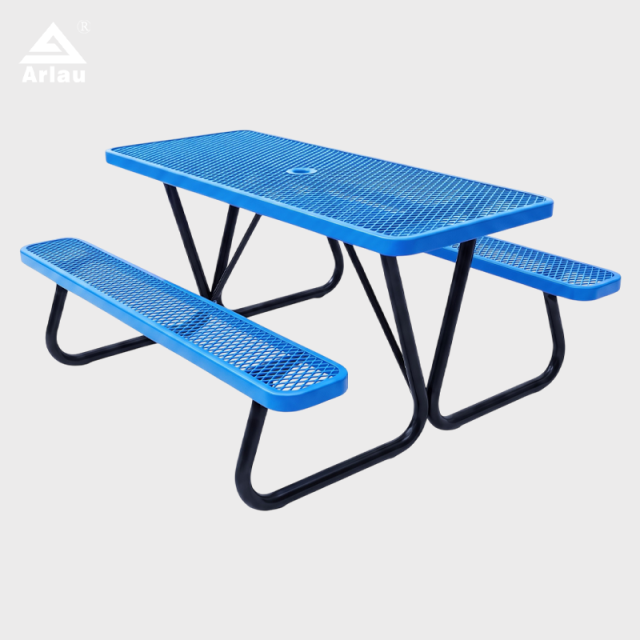 Rectangular Expanded Metal Picnic Table with Attached Benches