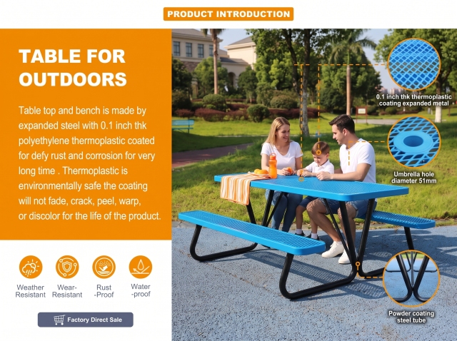 Rectangular Expanded Metal Picnic Table with Attached Benches