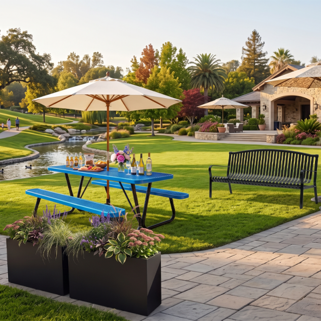 Rectangular Expanded Metal Picnic Table with Attached Benches