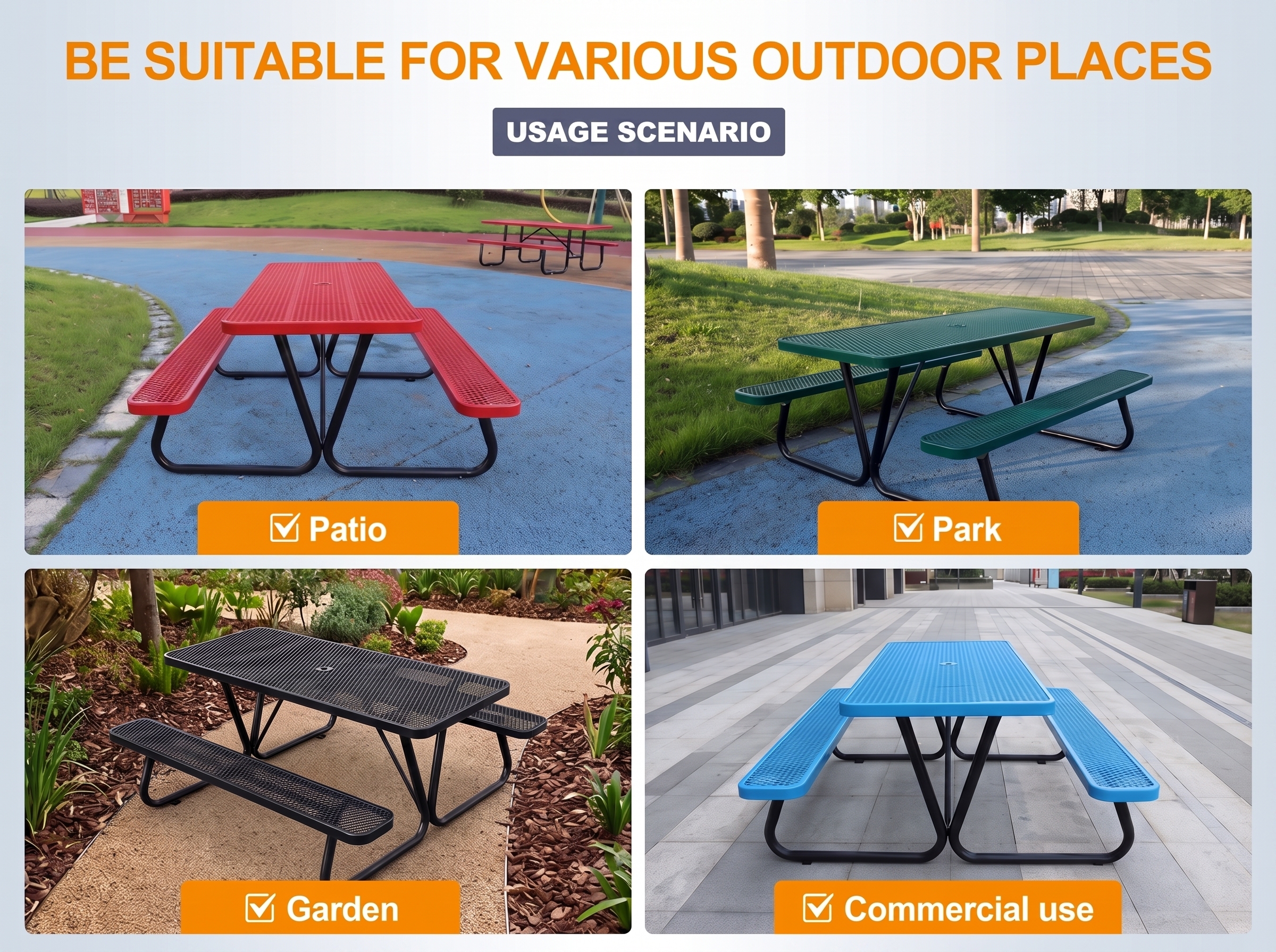 Rectangular Expanded Metal Picnic Table with Attached Benches