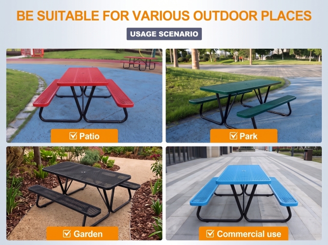 Rectangular Expanded Metal Picnic Table with Attached Benches