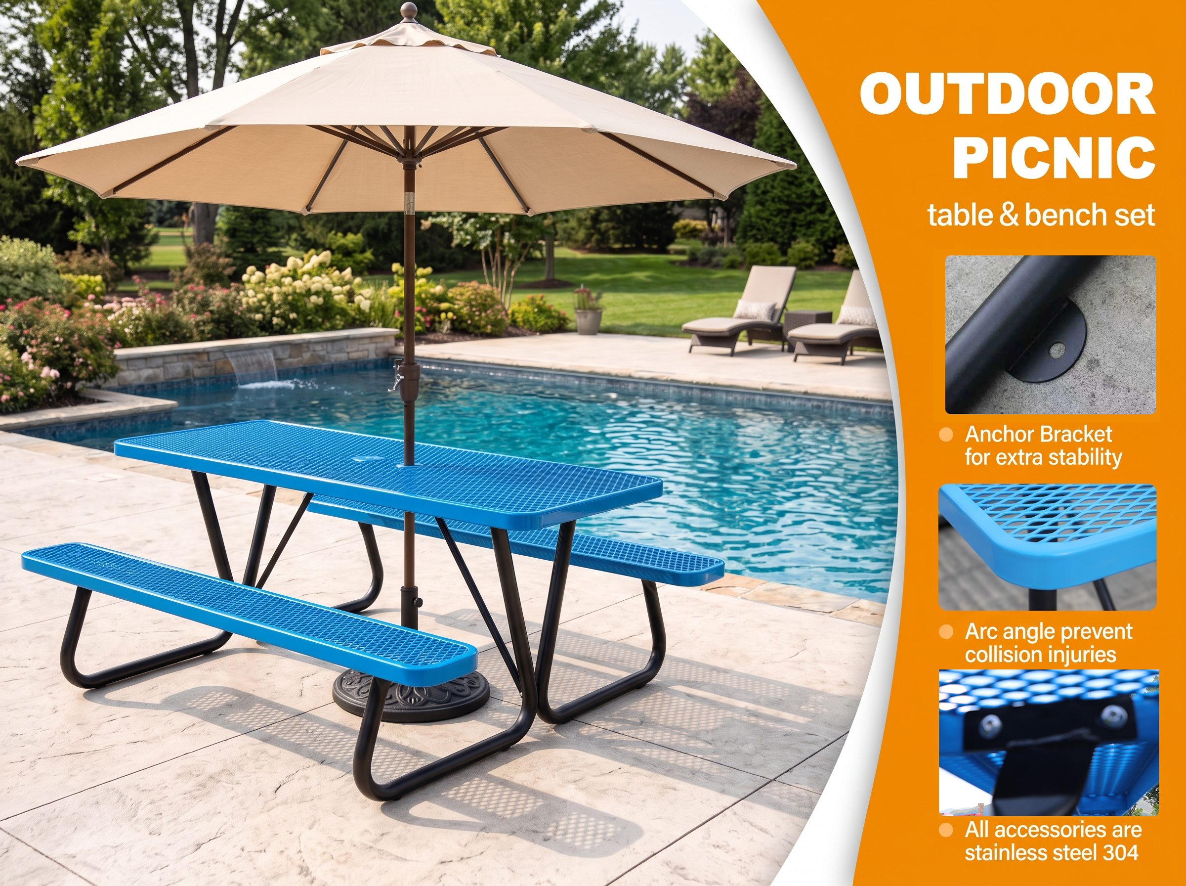 Rectangular Expanded Metal Picnic Table with Attached Benches