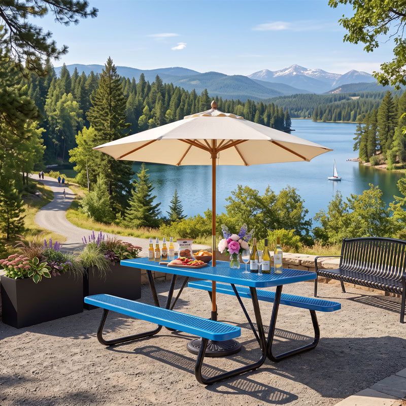 Rectangular Expanded Metal Picnic Table with Attached Benches