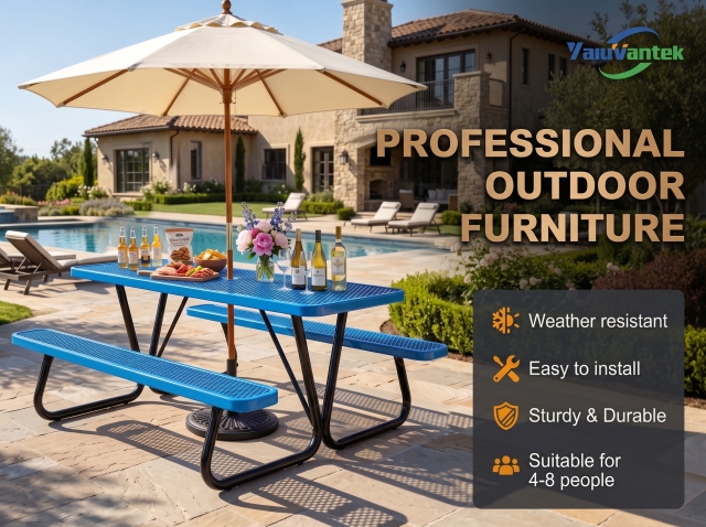 Rectangular Expanded Metal Picnic Table with Attached Benches