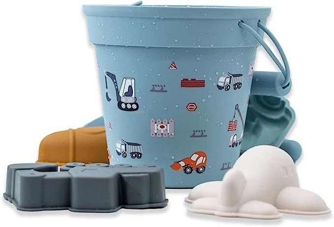 Silicone Beach Toys Sand Toys Beach Bucket with Sand Sifters Lid 4 Sand Molds Shovels Sandbox Toys Travel and Eco-Friendly Snow Toys Set for Baby Kids Toddlers