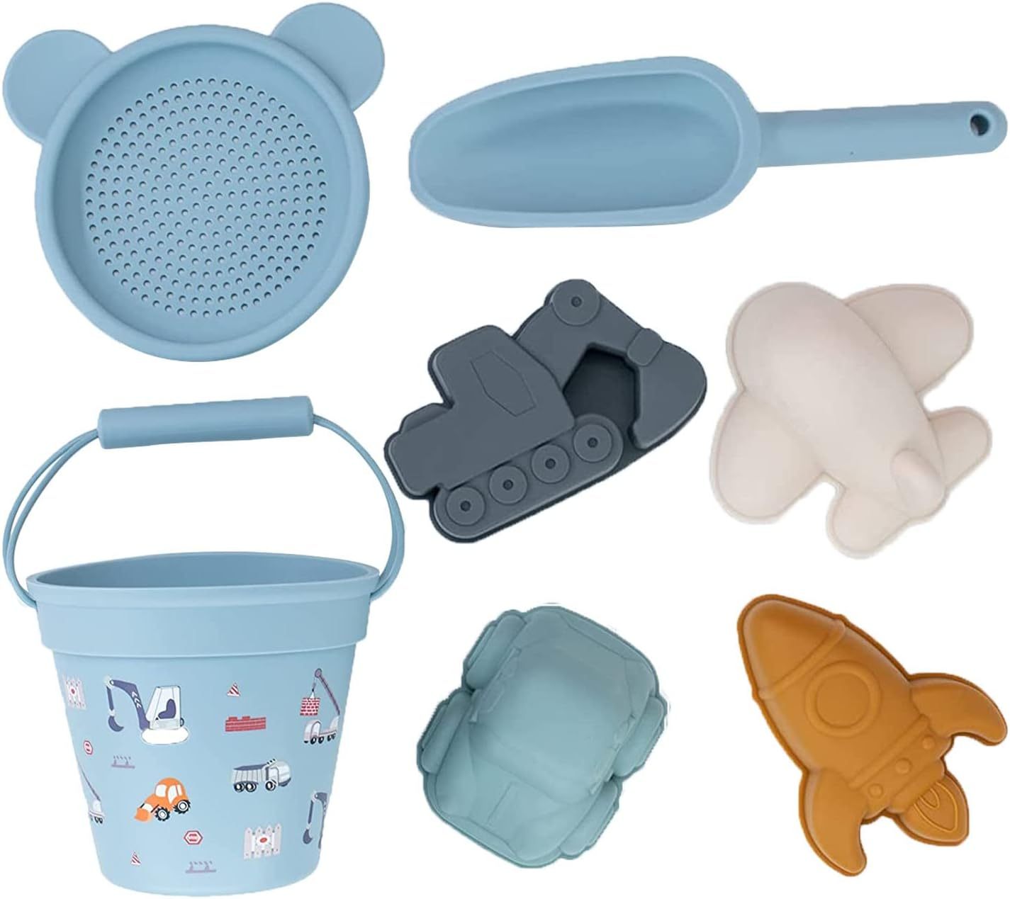 Silicone Beach Toys Sand Toys Beach Bucket with Sand Sifters Lid 4 Sand Molds Shovels Sandbox Toys Travel and Eco-Friendly Snow Toys Set for Baby Kids Toddlers