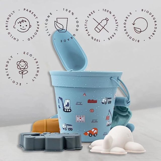 Silicone Beach Toys Sand Toys Beach Bucket with Sand Sifters Lid 4 Sand Molds Shovels Sandbox Toys Travel and Eco-Friendly Snow Toys Set for Baby Kids Toddlers
