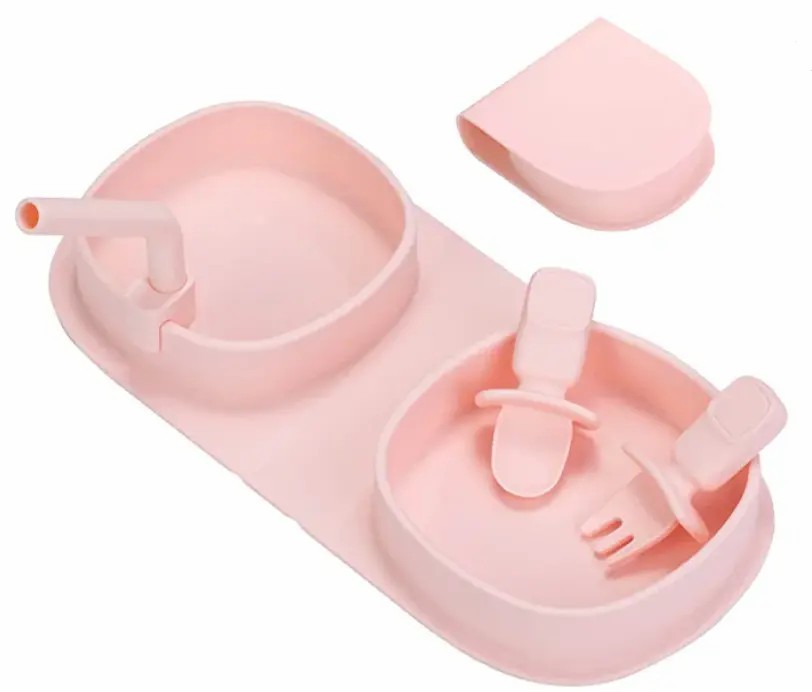Silicone Toddler Baby Plates Dishes,Silicone Toddler Baby Plates Dishes - Kids Portable Weaning Plate, Infant Non-slip Divided Grip Dish Self Feeding Training Eating With Spoon Fork Straw Set For Outdoor Dinner (Pink)