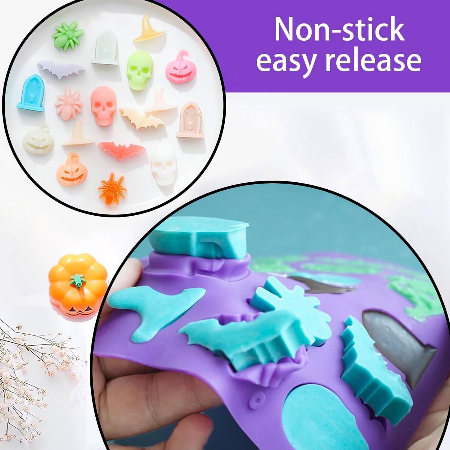 Halloween Molds Silicone for Chocolate 2 Pack, 3D Halloween Chocolate Candy Gummy Mold Skull Pumpkin Bat Ghost Witch Hat Spider tombstone Shapes Mold