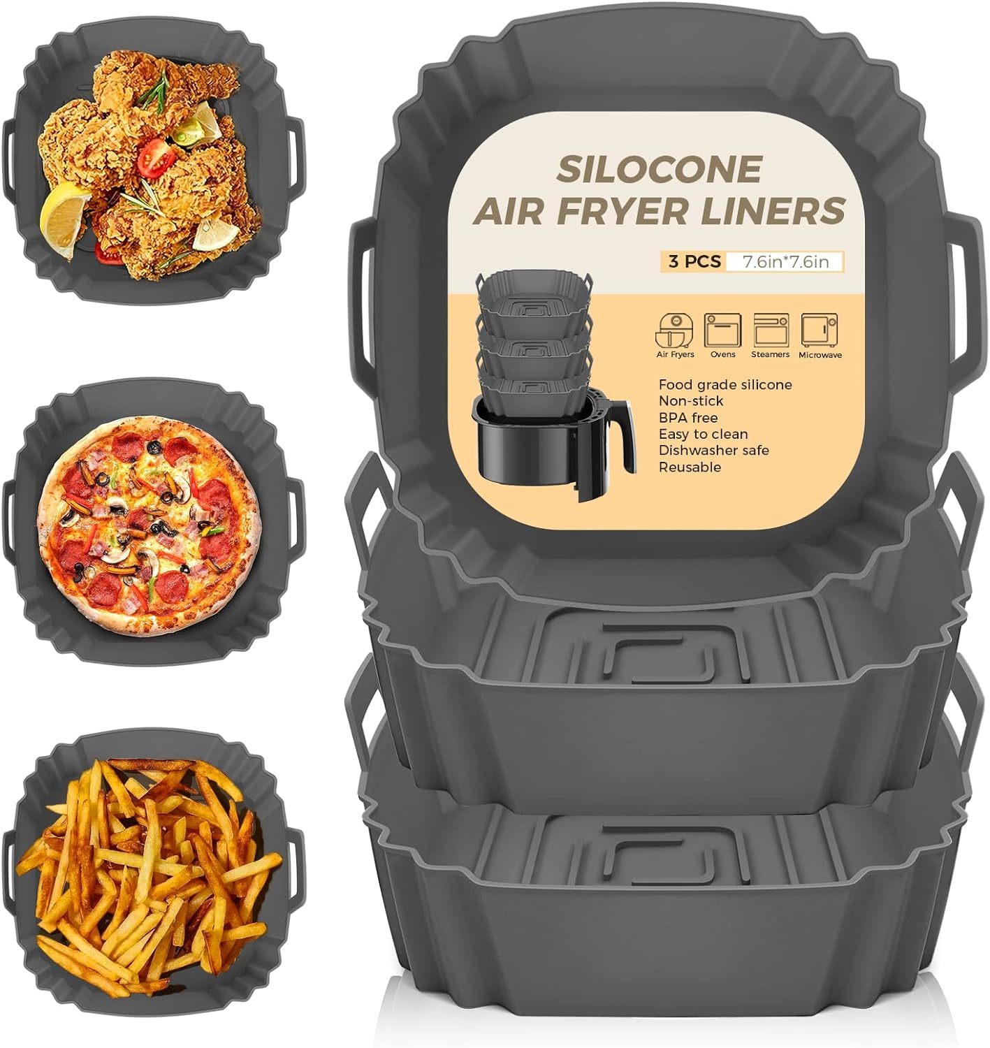 Silicone Air Fryer Liners Reusable,Silicone Air Fryer Liners Reusable, Food Grade Airfryer Liners Air Fryer Silicone Pot Basket Bowl Baking Tray Oven Liners, Instant Pot Air Fryer Accessories,square air fryer liners, 8 qt air fryer liners,