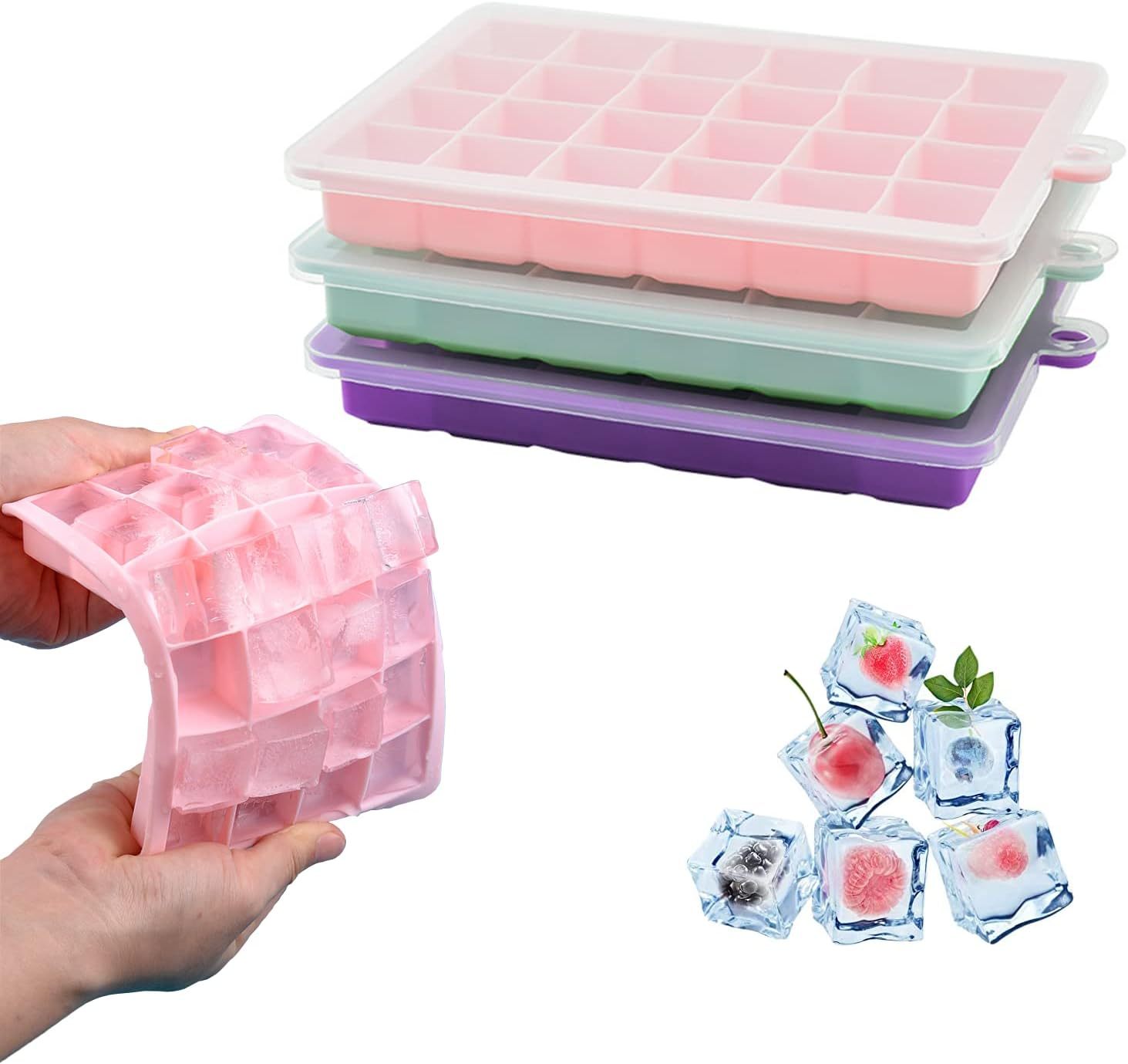 Silicone 32 Cubes  Ice Cube Tray,Silicone Ice Cube Tray, Easy-Release & Flexible Ice Cube Trays with Spill-Resistant Removable Lid, Stackable Ice Trays with Covers for Freezer
