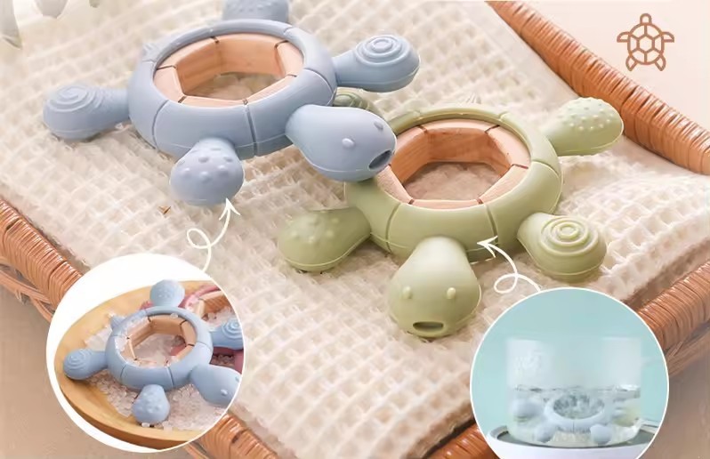 Silicone Boat Rudder Baby Teether Toys,Baby Teething Toys Silicone Teethers BPA Free Silicone Rudder with Wooden Ring Soothe Babies Gums