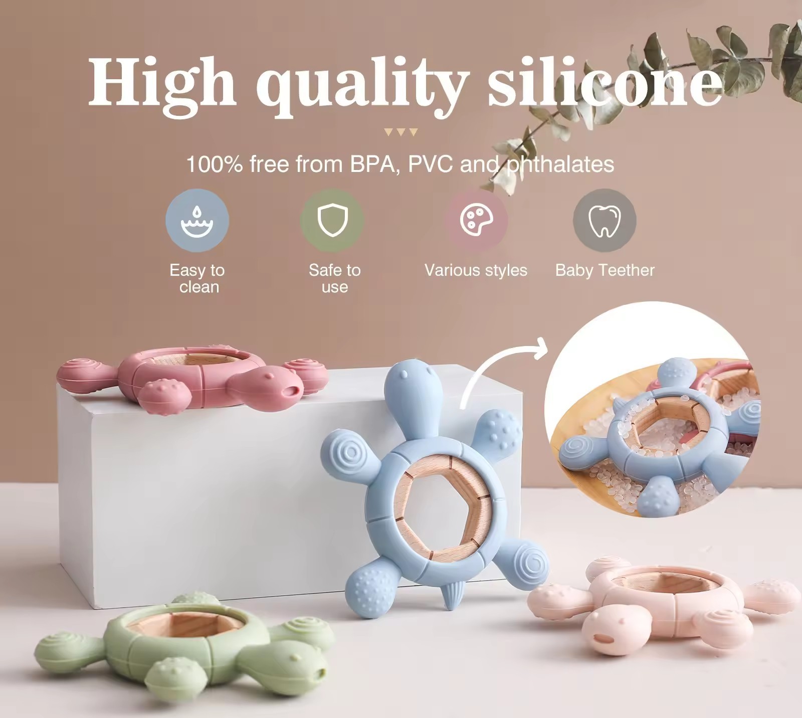 Silicone Boat Rudder Baby Teether Toys,Baby Teething Toys Silicone Teethers BPA Free Silicone Rudder with Wooden Ring Soothe Babies Gums